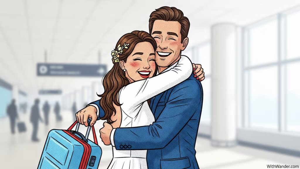 Traveling Solo When Married: 4 Steps to Confident Independence 7 A couple hugging after a solo trip, proving that solo travel will not hurt my relationship but strengthen it.