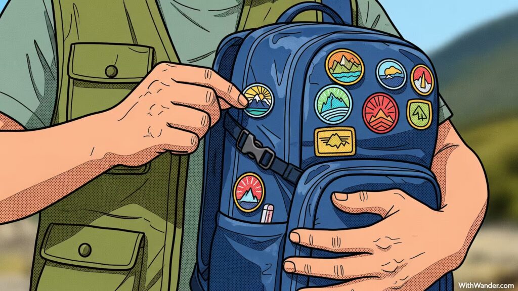 gluing patches on backpack