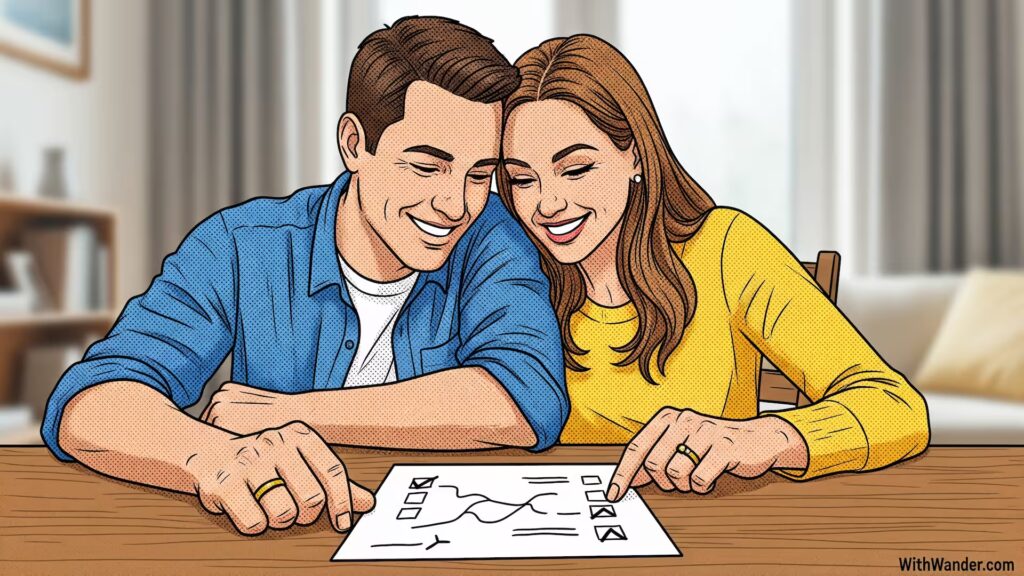 Traveling Solo When Married: 4 Steps to Confident Independence 3 A couple discussing travel plans on a couch, ensuring that traveling solo when married won't hurt the relationship.