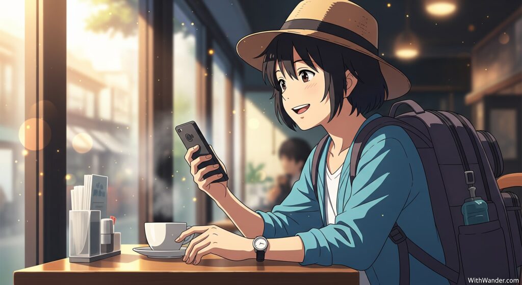 Using social travel apps on a phone to connect with people