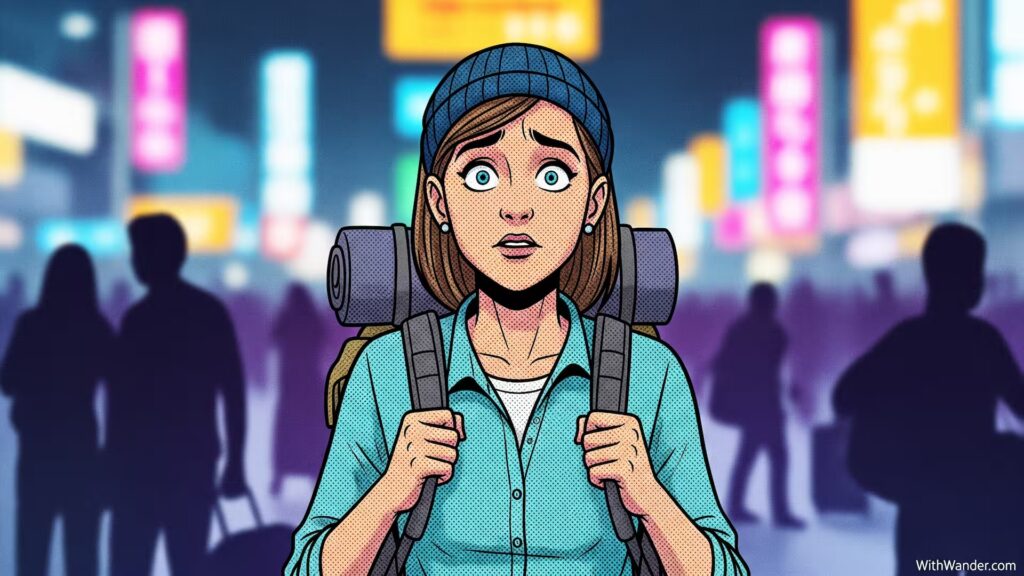 Overwhelmed In Tokyo Solo: 4 Tips for Instant Confidence 2 A solo traveler looking overwhelmed in Tokyo solo at a busy train station, reflecting the feeling of a first time in Japan feeling anxious.